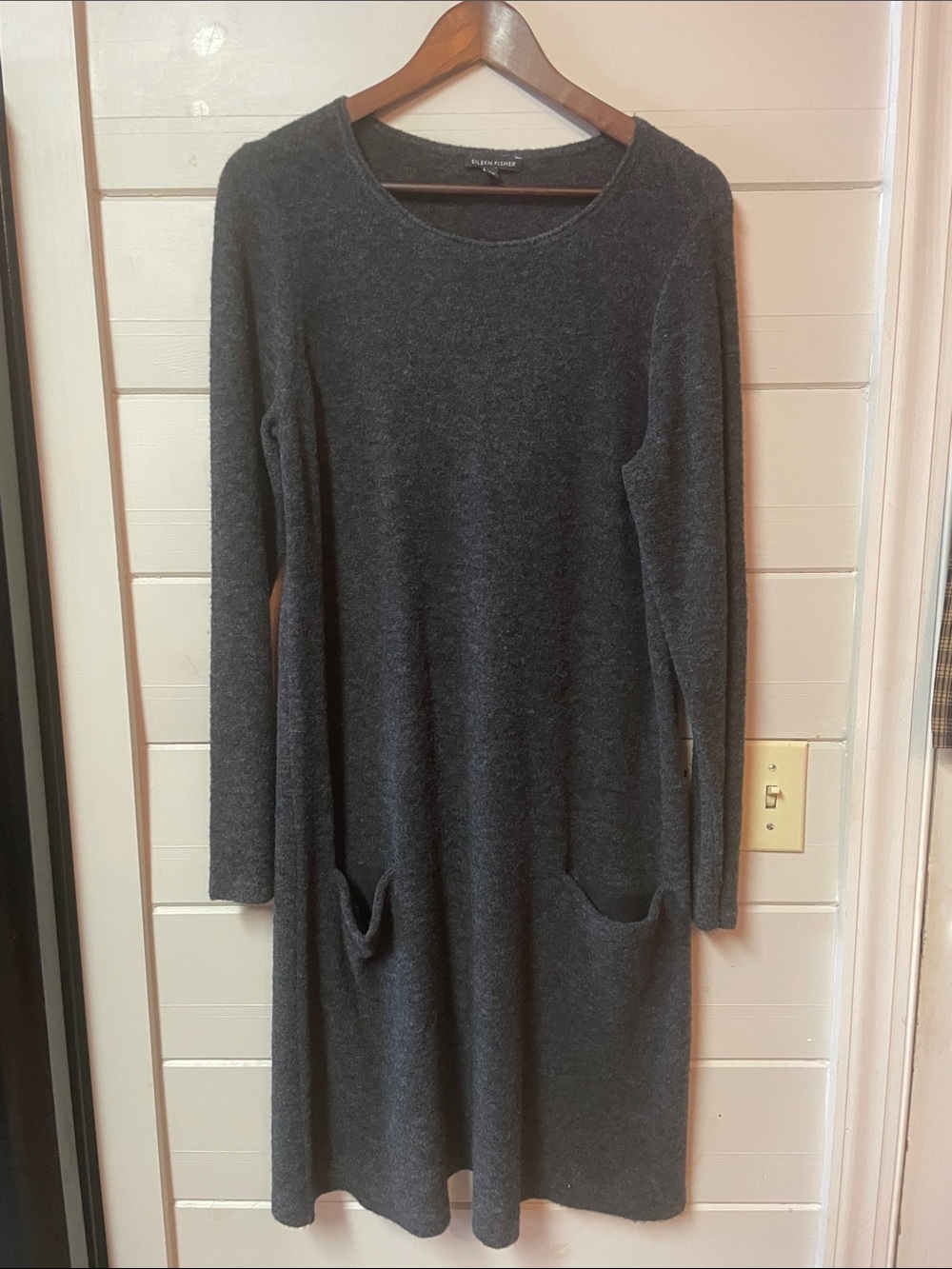 Eileen Fisher Charcoal Long-Sleeves Wool Blend Knit Dress Size L.
